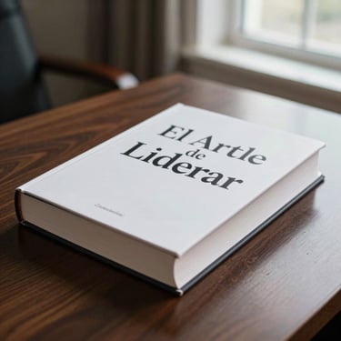 Close-up of a high-end hardcover book titled 'El Arte de Liderar' resting on a dark walnut executive desk, soft natural light from a window illuminating the textured paper.