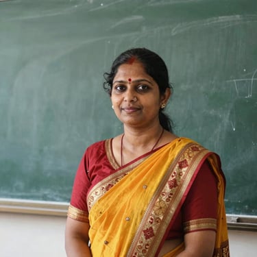 A professional portrait of an Indian female language teacher standing near a blackboard, bright natural daylight, warm realistic tones, 35mm.