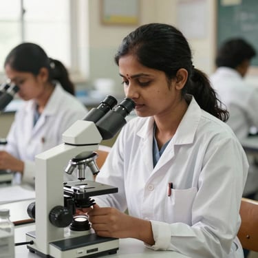 A professional portrait of an Indian female science teacher in a school laboratory with microscopes, bright natural daylight, warm realistic tones, 35mm.