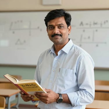 A professional portrait of an Indian male mathematics teacher in a clean classroom, holding a textbook, bright natural daylight, warm realistic tones, 35mm.