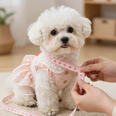 Cachorro Bichon Frise blanco con un vestido rosa medido para ropa de mascota con una cinta métrica.