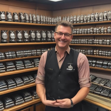 A warm, inviting storefront of Downtown Pawnshop with its red and black signage under a sunny sky.