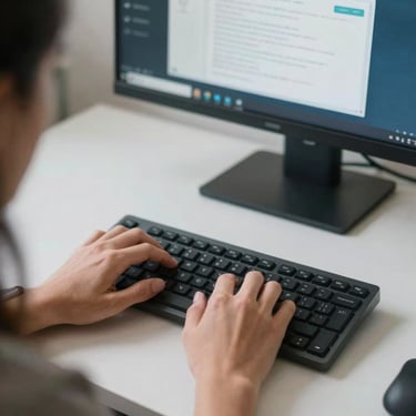Over-the-shoulder view of hands typing on a high-end keyboard, clean desk setup, blurred CRM dashboard on a monitor in the background, cool neutral daylight.
