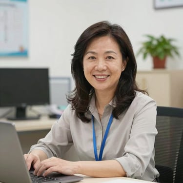 Smiling Asian businesswoman working on a laptop in a bright, modern office setting.