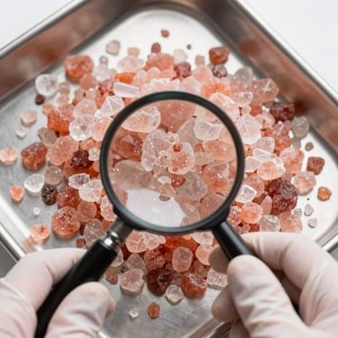 Overhead macro shot of pink Himalayan salt crystals spread on a stainless inspection tray under cool studio lighting, a gloved hand holding a magnifying loupe over a cluster, sharp detail on crystal facets