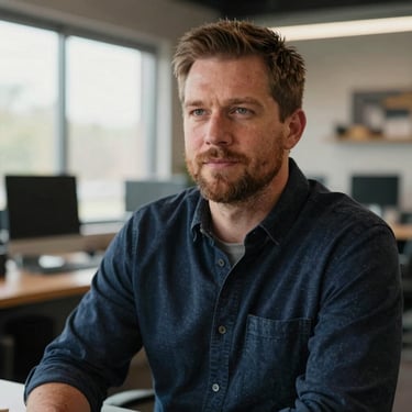 A close-up portrait of Marcus, a focused 42-year-old Midwestern man, looking confident in a modern workspace, 35mm