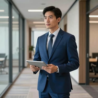 A professional man in a tailored blue suit standing in a modern office hallway, holding a tablet and looking confident, in a North American corporate setting.