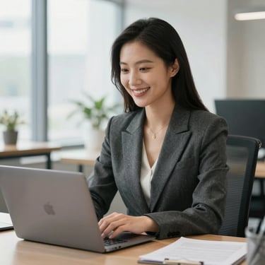 A professional woman in a sophisticated charcoal blazer sitting in a bright, modern North American workspace, smiling warmly while looking at a laptop.