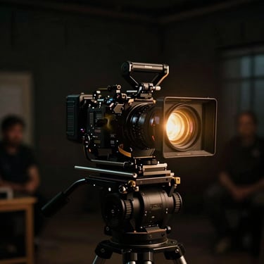 Wide cinematic film photography of a high-end camera rig on a dark, moody movie set, low-key dramatic lighting, rich golden anamorphic lens flare, shallow depth of field, 35mm