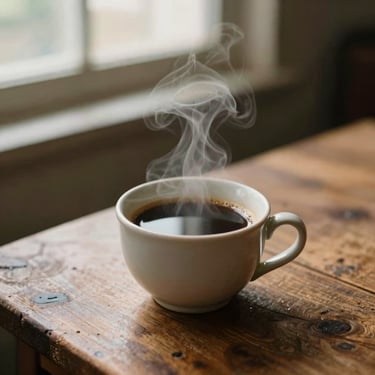 Steaming hot traditional black coffee in a vintage ceramic cup on a rustic wooden table, warm retro lighting, shallow depth of field