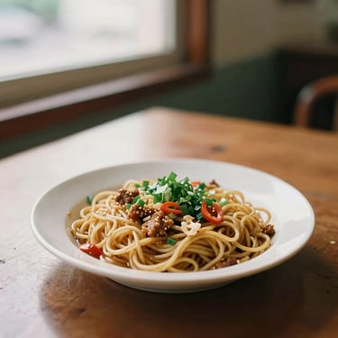 A comforting plate of local Malaysian noodles with fresh ingredients, served warm on a mid-century dining table, cozy indoor glow