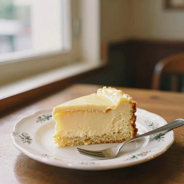 A slice of homemade butter cake on a retro floral plate, fork resting beside it, cozy cafe indoor glow, nostalgic dessert photography