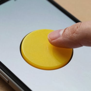 Extreme close-up macro shot of a thumb tapping a large, high-contrast yellow button on an Android screen, casting a sharp playful shadow in bright daylight.