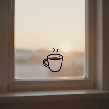 Minimalist line art illustration of a person sitting peacefully with a coffee cup, soft sunrise glow in the background