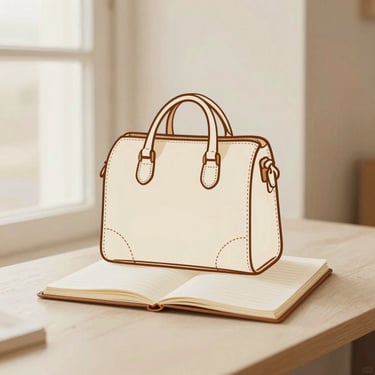 Minimalist line art illustration of a classic leather work bag and an open notebook, warm cream background