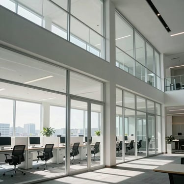 Clean architectural detail of a modern physical office workspace with bright natural daylight, emphasizing transparency and structure.
