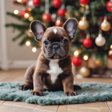 Close-up of a fluffy merle French Bulldog puppy sitting comfortably on a soft pink blanket.