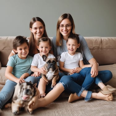 A happy customer holding a lilac French Bulldog puppy in a sunlit garden.