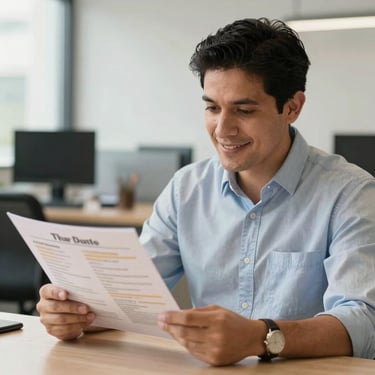 A man in a professional Latin American / Spanish office setting, looking satisfied while reviewing a catering menu, clean and professional look.
