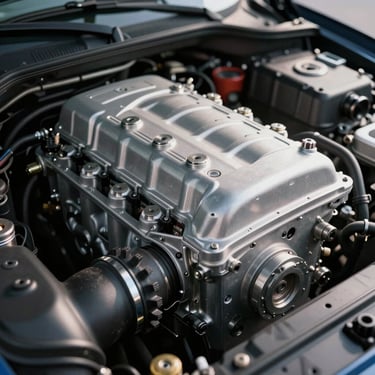 Close-up detail of a pristine, dust-free modern engine bay, natural lighting highlighting the clean aluminum components and intake manifold.