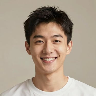 A small, warm-toned, friendly headshot of Alex Chen, smiling, bright natural daylight, tight circular framing, neutral warm background.