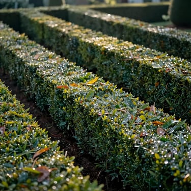 Immaculately manicured boxwood hedge border in a formal French garden, sharp clean lines, soft morning dew.
