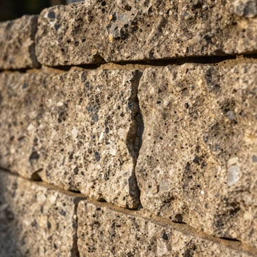 Macro shot of perfectly aligned stone joints on a restored garden wall, warm sunlight highlighting the texture of the mortar.