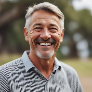 Smiling woman standing next to her home with solar panels on the roof under a clear blue sky.
