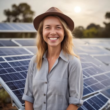 Smiling woman standing next to her home with solar panels on the roof under a clear blue sky.