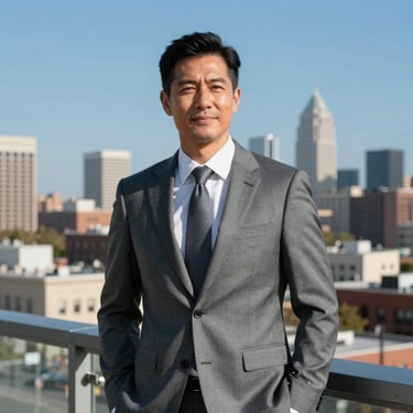 Portrait of a male multifamily owner on a terrace overlooking a North American / US city. Bright Sky Blue sky, Professional Grey suit.