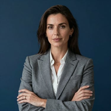 Portrait of a confident female real estate executive in a North American / US corporate setting. Professional Grey attire, Deep Navy Blue background.