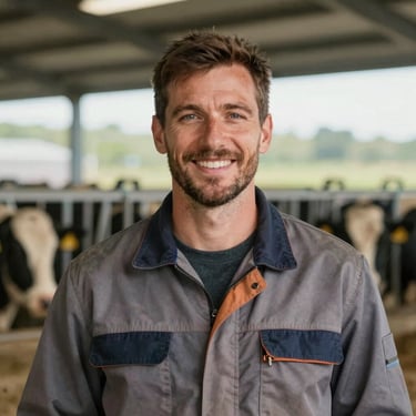 A portrait of a male dairy farmer smiling confidently, wearing professional work gear, against a blurred background of a modern farm. Trustworthy and expert look.