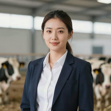 A portrait of a female livestock consultant in a clean, professional setting, representing expertise and reliability. Modern and clean style.