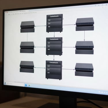 Macro shot of clean, high-contrast system architecture diagram on a developer monitor, cool studio lighting, sharp focus on database nodes