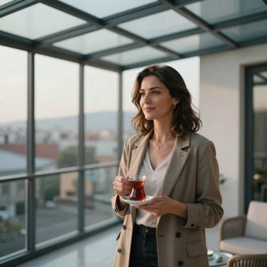 A satisfied Anatolian / Turkish woman standing on her new glass-enclosed terrace, holding a cup of tea, soft sunlight, architectural photography.