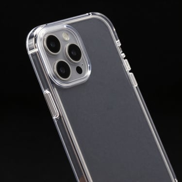 Hard-coated 100% clear acrylic phone case edge reflecting sharp white studio light, pitch black backdrop