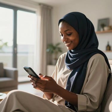 A smiling Somali woman in a bright, modern German apartment looking relaxed while typing on her phone, warm sunlight streaming through the window.