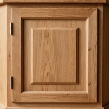 Close-up elevation of a classic shaker cabinet door, timeless three-inch stile profile, raw maple finish, daylight.