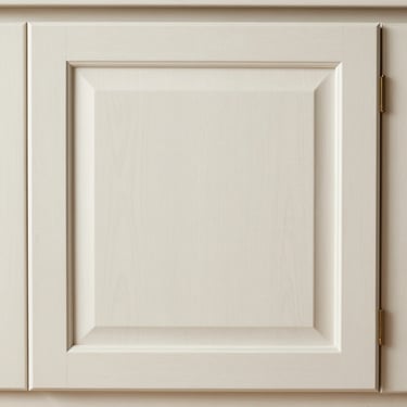 Straight-on view of a classic shaker cabinet door in warm white, showing timeless three-inch stiles and clean wood grain.
