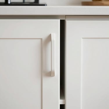 Close-up elevation of a slim shaker cabinet door, modern narrow-stile profile, crisp white paint finish, daylight.