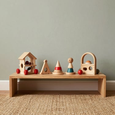 A low wooden shelf displaying curated wooden developmental toys on a woven wool rug, with soft sage wall accents.