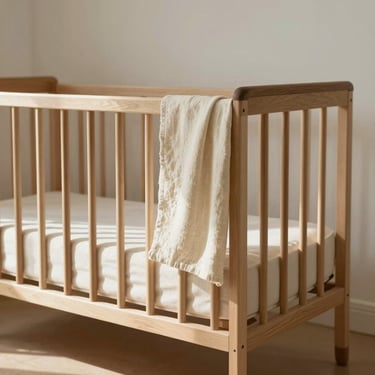 A minimalist wooden crib made of light oak, draped in organic cream linen, illuminated by soft diffused morning light.