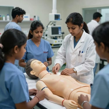 Clinical practice session in a nursing lab with students and high-fidelity mannequins in a South Asian / Indian setting.