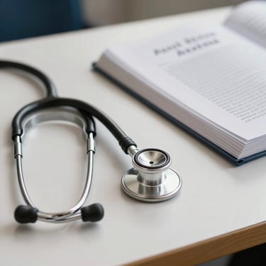 Close-up of a stethoscope and medical textbook on an off-white desk in a healthcare academy.