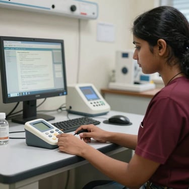 South Asian / Indian female student practicing vital sign monitoring in a realistic clinical simulation room.