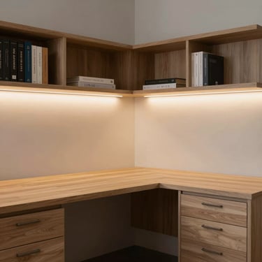Bespoke home office desk integrated into a corner, oak desktop, fitted filing drawers, overhead bookshelves with warm lighting.
