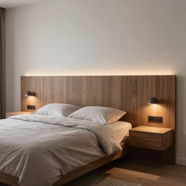Bespoke timber headboard with integrated floating bedside tables and warm reading lights, elegant master bedroom setting.