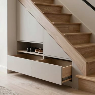 Seamless under-stairs pull-out drawers and shoe racks, flush handleless doors fitting perfectly beneath a timber staircase.