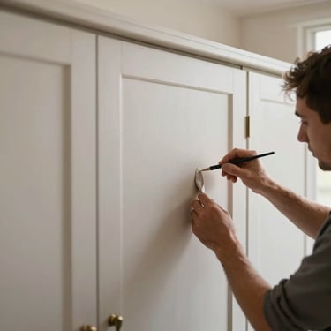 A master joiner carefully applying a final hand-painted coat of paint to a cabinet door on-site, smooth matte finish.