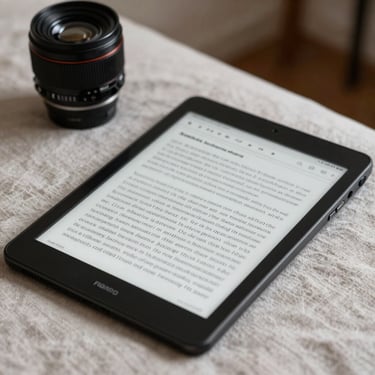 Close-up of the distraction-free Writing Tablet on a linen-draped bedside table, running a custom text editor on an e-paper screen.